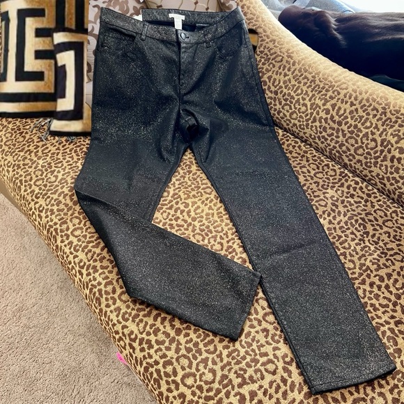 H&M Black Skinny Pants Gold Sparkle Stretch-10 - Picture 1 of 11